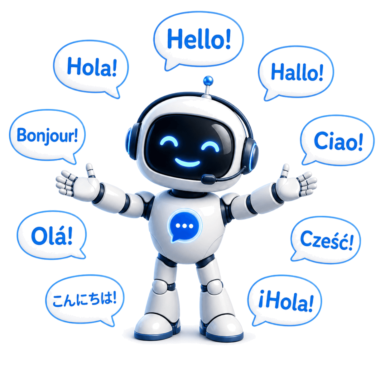 Chatbotty mascot greeting in nine languages